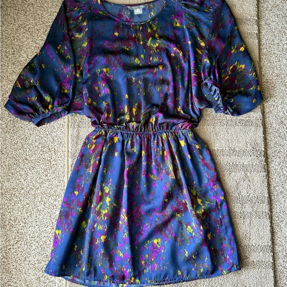 Tegan Dress Navy Floral Splash Elastic-Waist Dress